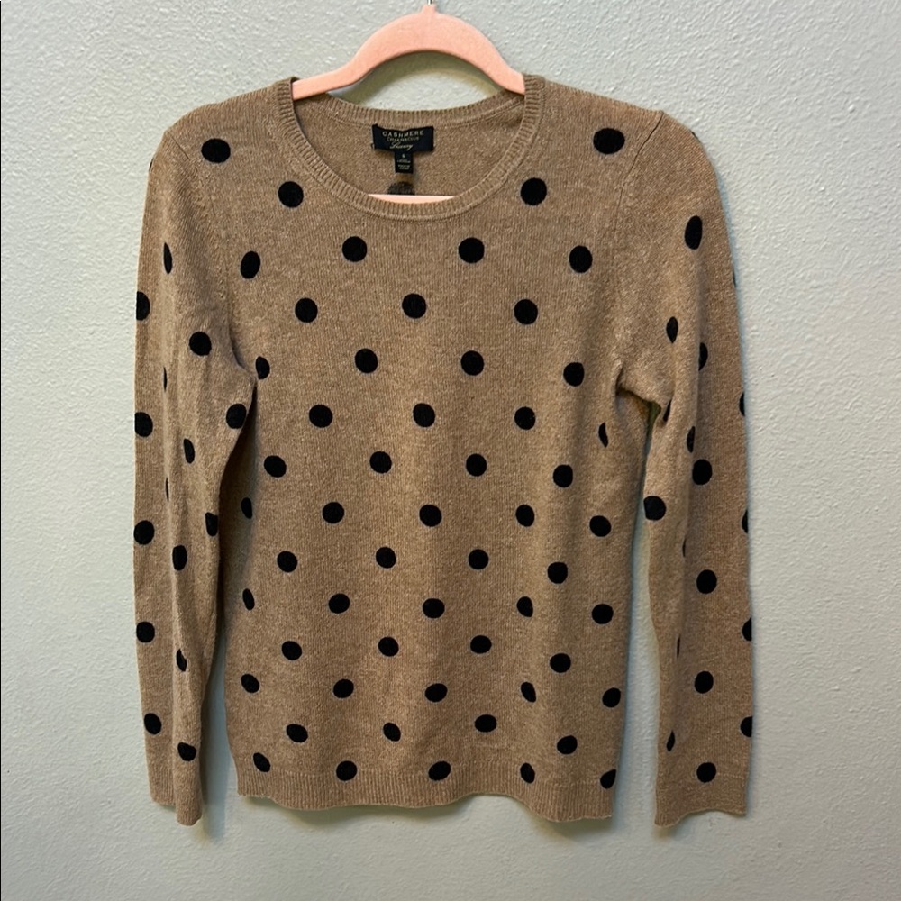 Cashmere Charter Club Luxury 100% Cashmere tan sweater black polka dot, sz small
